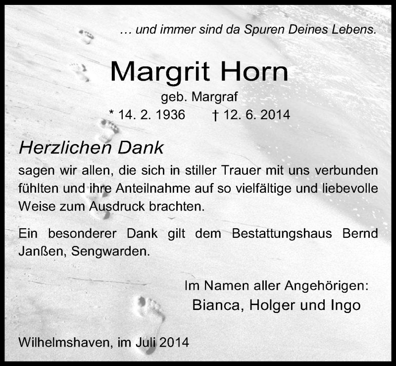 Traueranzeigen Von Margrit Horn Nordwest Trauer De