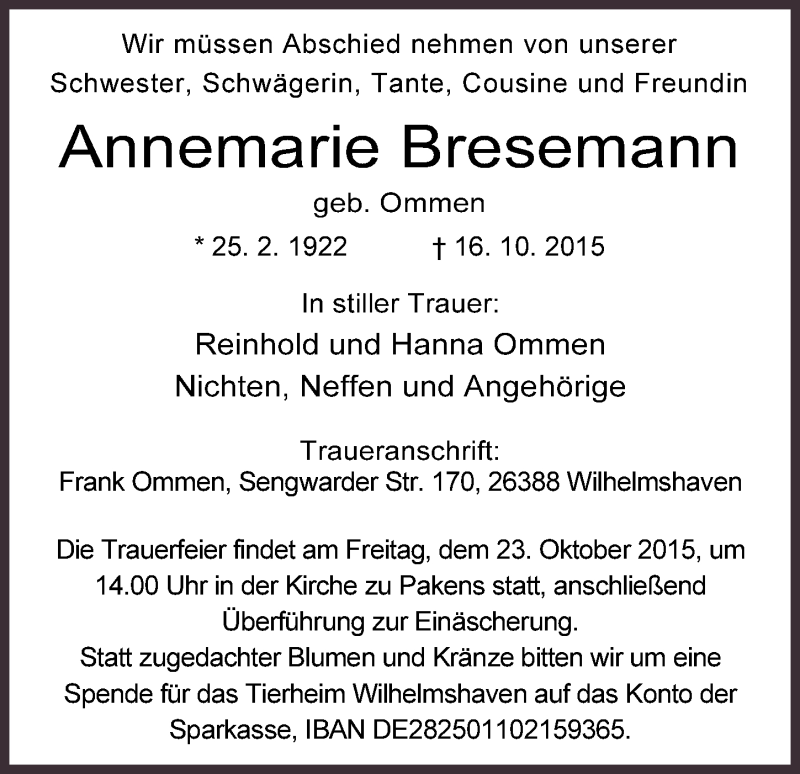 Traueranzeigen Von Annemarie Bresemann Nordwest Trauer De