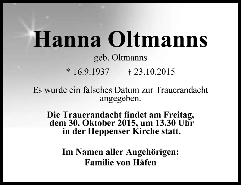 Traueranzeigen Von Hanna Oltmanns Nordwest Trauer De