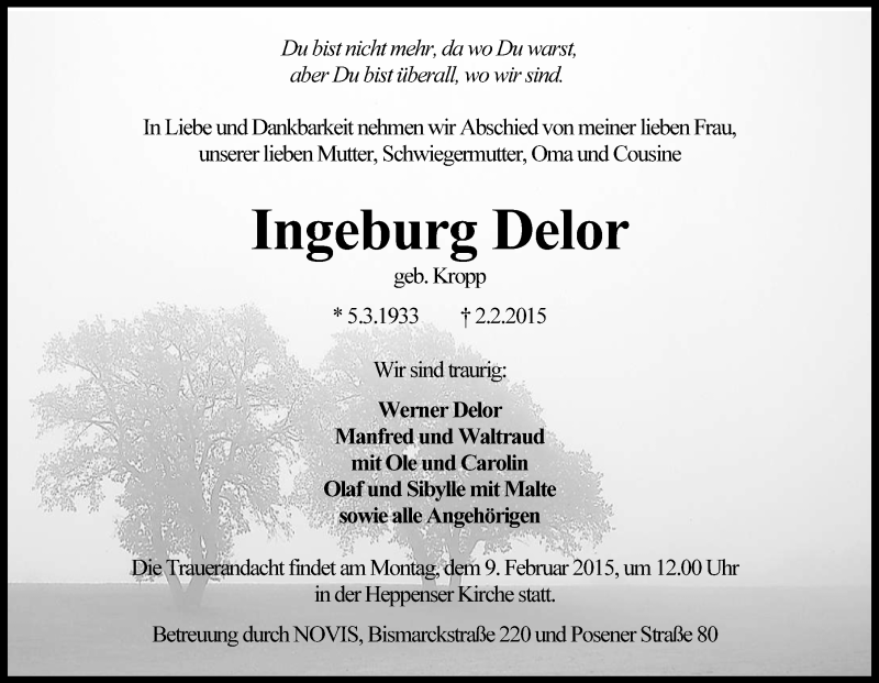 Traueranzeigen Von Ingeburg Delor Nordwest Trauer De