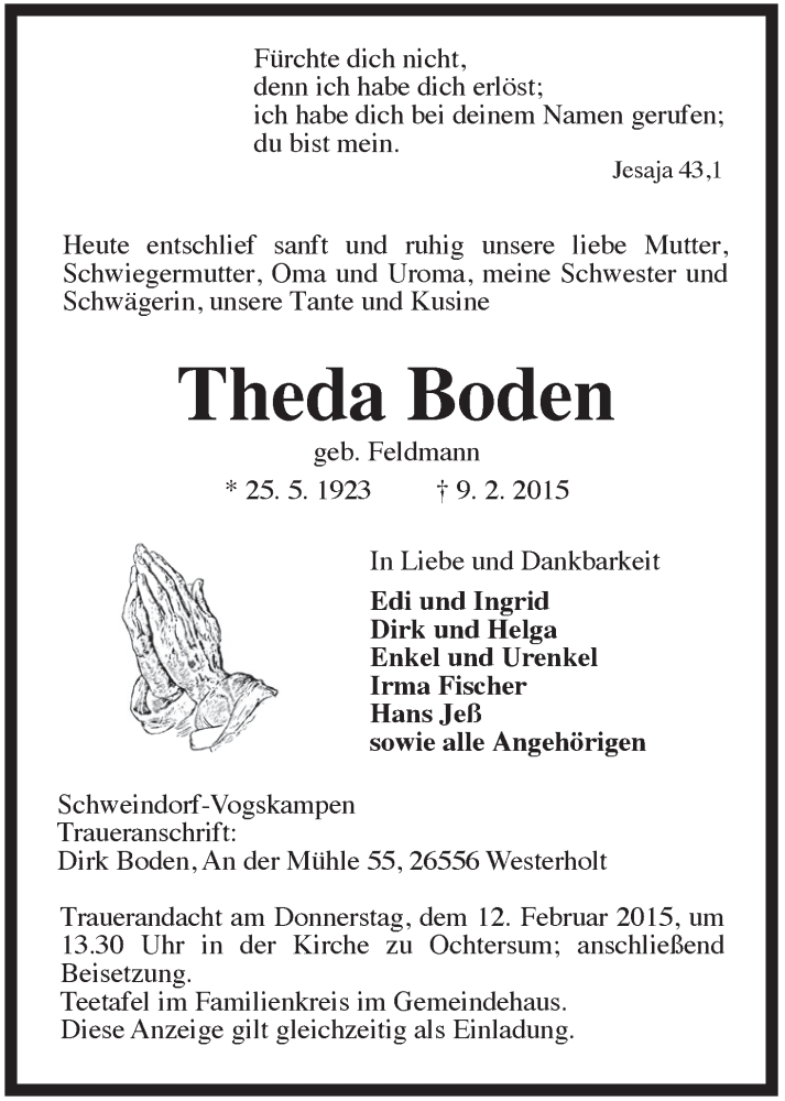 Traueranzeigen Von Theda Boden Nordwest Trauer De