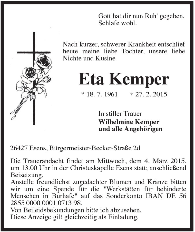 Traueranzeigen Von Eta Kemper Nordwest Trauer De