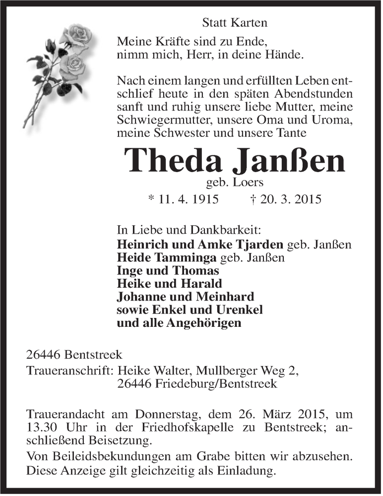 Traueranzeigen von Theda Janßen nordwest trauer de