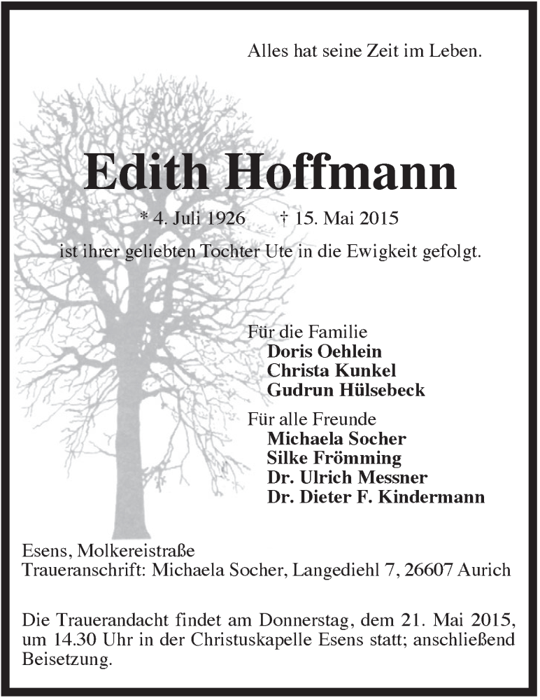 Traueranzeigen Von Edith Hoffmann Nordwest Trauer De