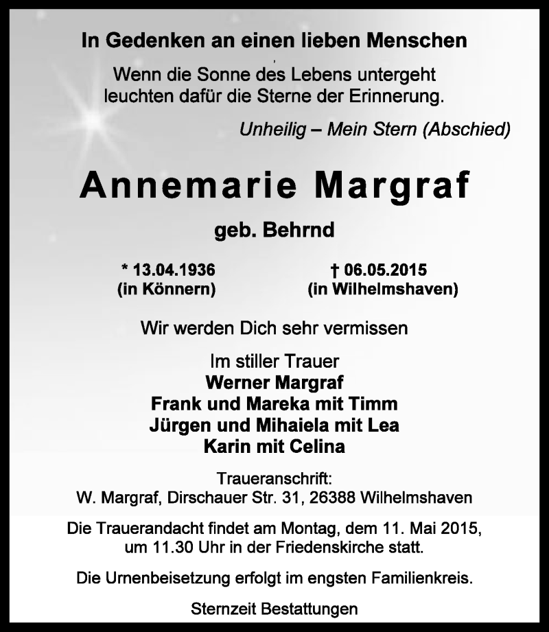 Traueranzeigen Von Annemarie Margraf Nordwest Trauer De