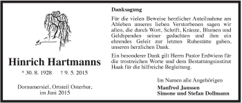 Traueranzeige von Hinrich Hartmanns von Rhein-Zeitung