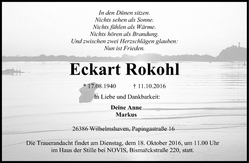 Traueranzeigen Von Eckart Rokohl Nordwest Trauer De