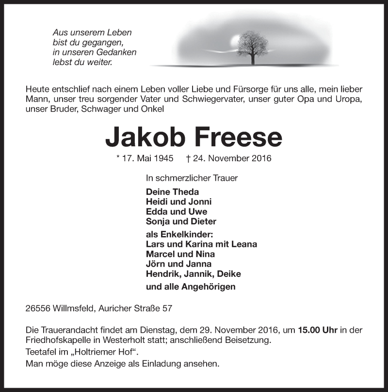 Traueranzeigen Von Jakob Freese Nordwest Trauer De