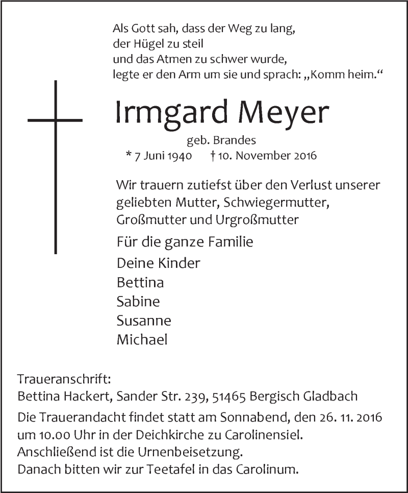 Traueranzeigen Von Irmgard Meyer Nordwest Trauer De