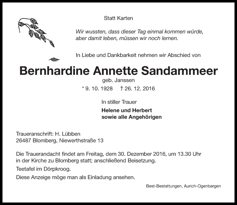 Traueranzeigen Von Bernhardine Annette Sandammeer Nordwest Trauer De