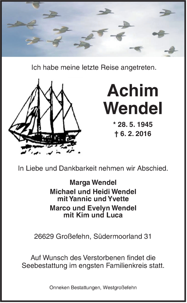 Traueranzeigen Von Achim Wendel Nordwest Trauer De