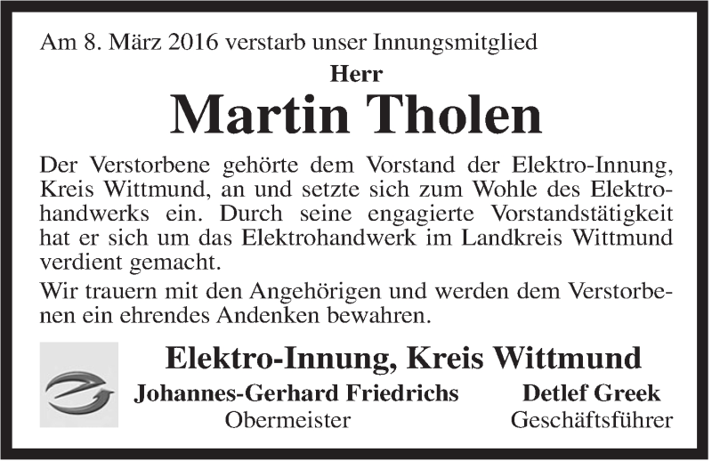 Traueranzeigen Von Martin Poppe Tholen Nordwest Trauer De