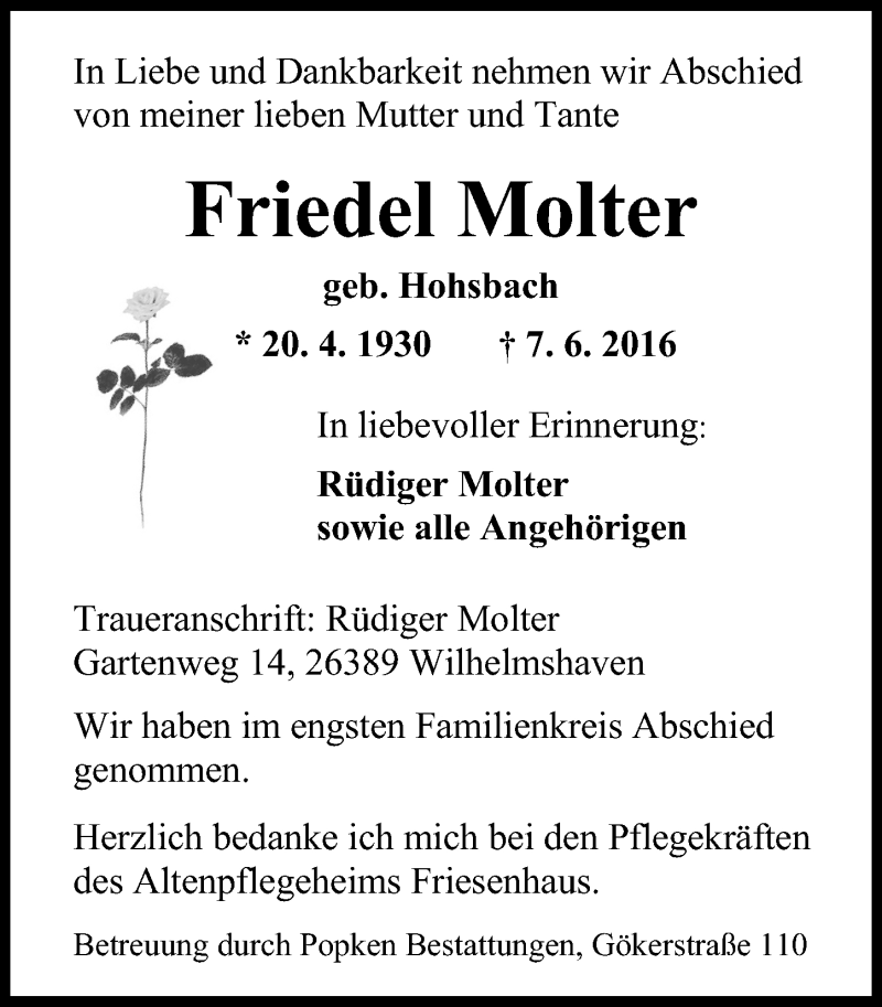 Traueranzeigen Von Friedel Molter Nordwest Trauer De