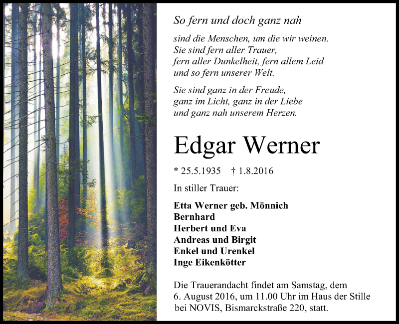 Traueranzeigen Von Edgar Werner Nordwest Trauer De