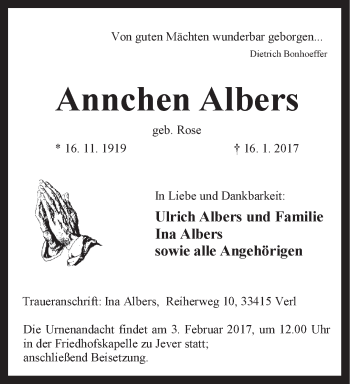 Traueranzeigen Von Annchen Albers Nordwest Trauer De