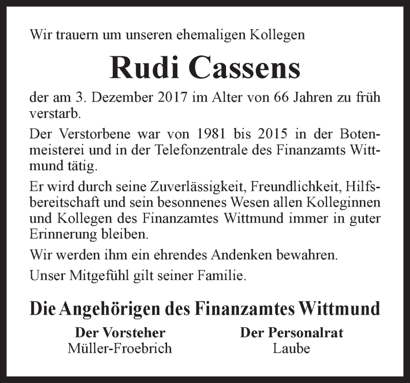 Traueranzeigen Von Rudi Cassens Nordwest Trauer De