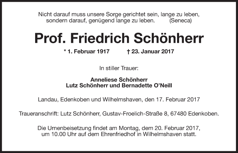 Traueranzeigen von Friedrich Schönherr nordwest trauer de