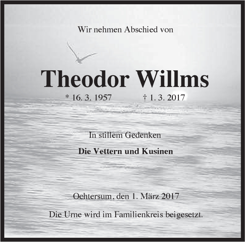 Traueranzeigen Von Theodor Willms Nordwest Trauer De