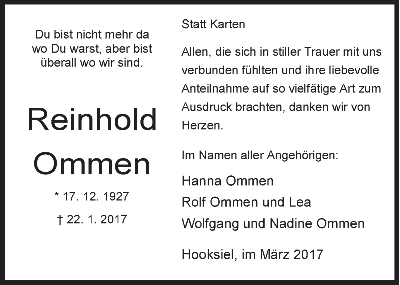 Traueranzeigen Von Reinhold Ommen Nordwest Trauer De