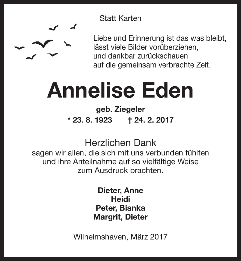 Traueranzeigen Von Annelise Eden Nordwest Trauer De