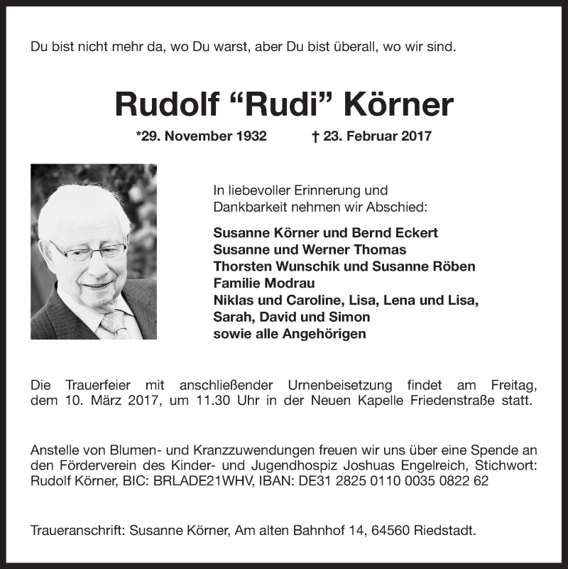 Traueranzeigen Von Rudolf K Rner Nordwest Trauer De