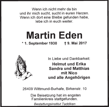 Traueranzeige von Martin Eden von Rhein-Zeitung