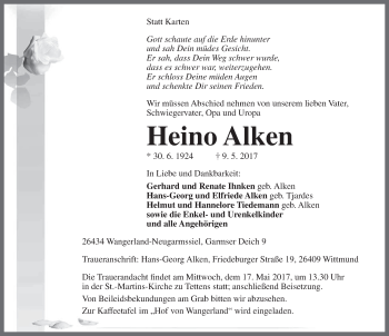 Traueranzeige von Heino Alken von Rhein-Zeitung