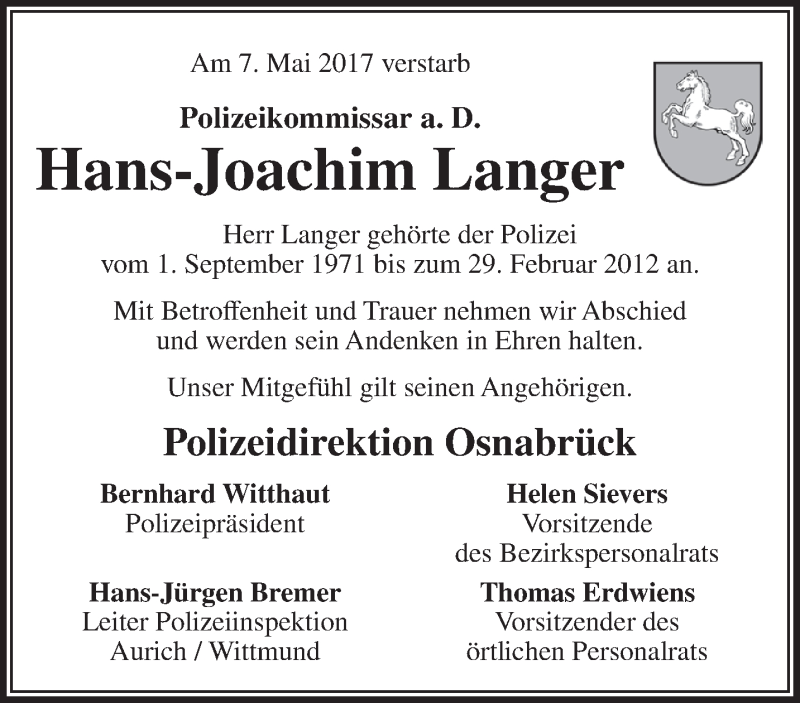 Traueranzeigen Von Hans Joachim Langer Nordwest Trauer De