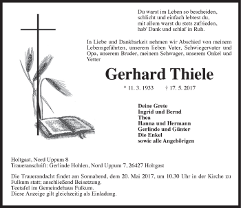 Traueranzeigen Von Gerhard Thiele Nordwest Trauer De