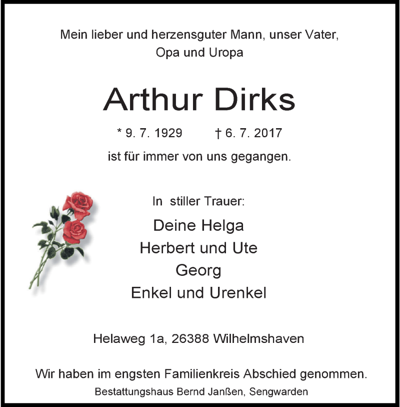 Traueranzeigen Von Arthur Dirks Nordwest Trauer De