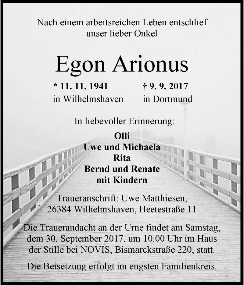 Traueranzeigen Von Egon Arionus Nordwest Trauer De