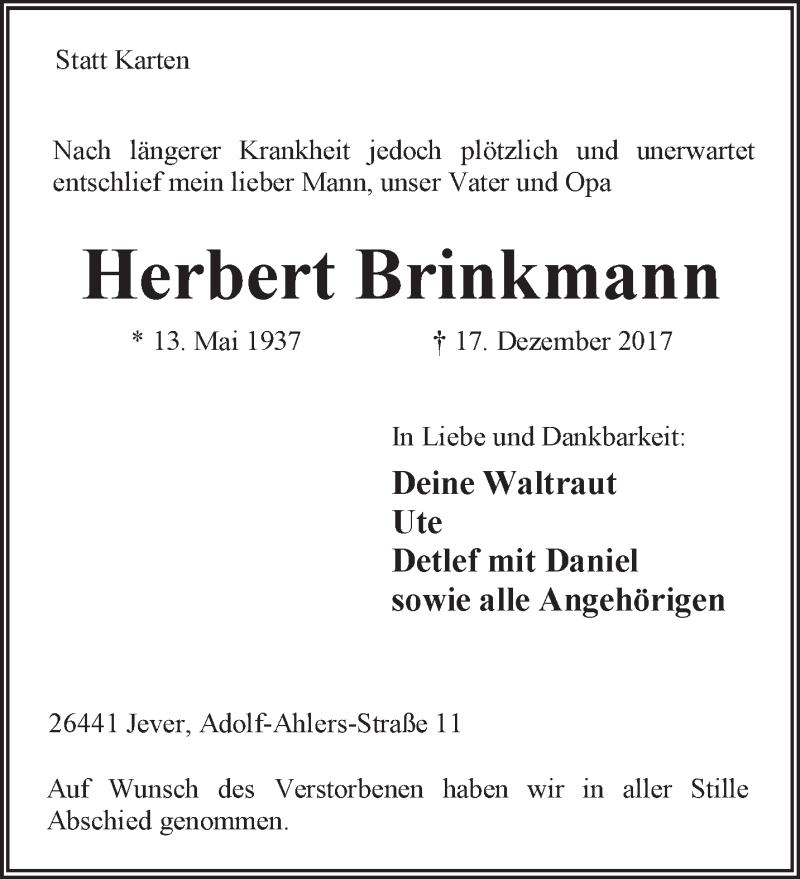 Traueranzeigen Von Herbert Brinkmann Nordwest Trauer De