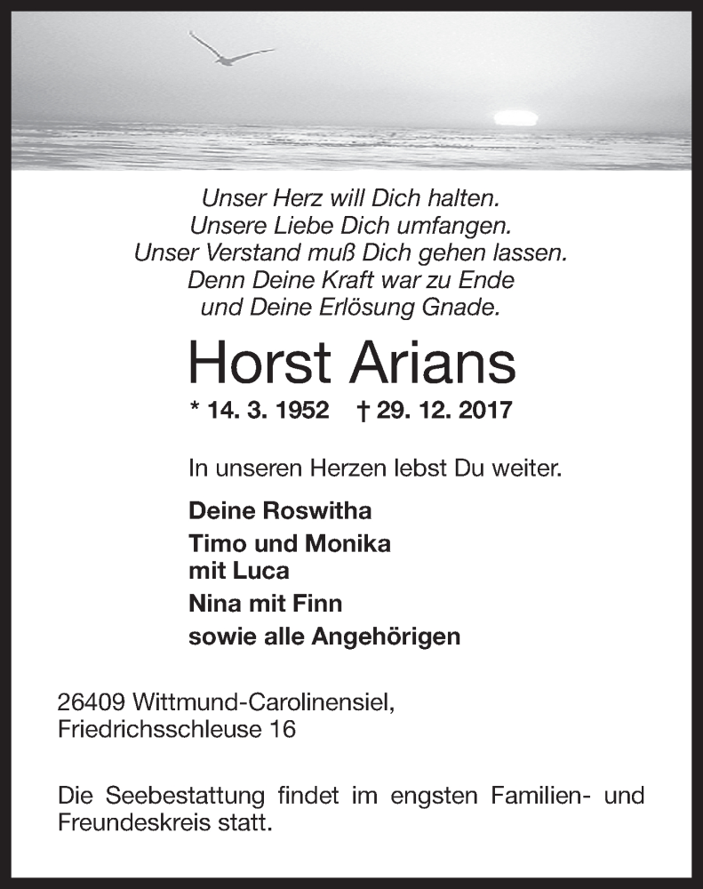 Traueranzeigen Von Horst Arians Nordwest Trauer De