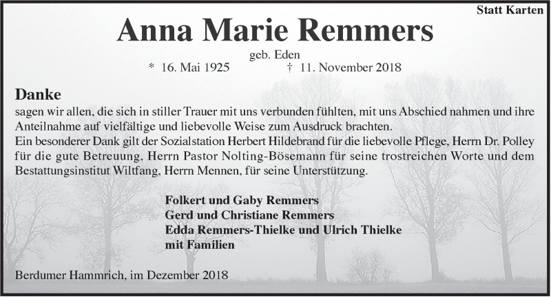 Traueranzeigen Von Anna Marie Remmers Nordwest Trauer De