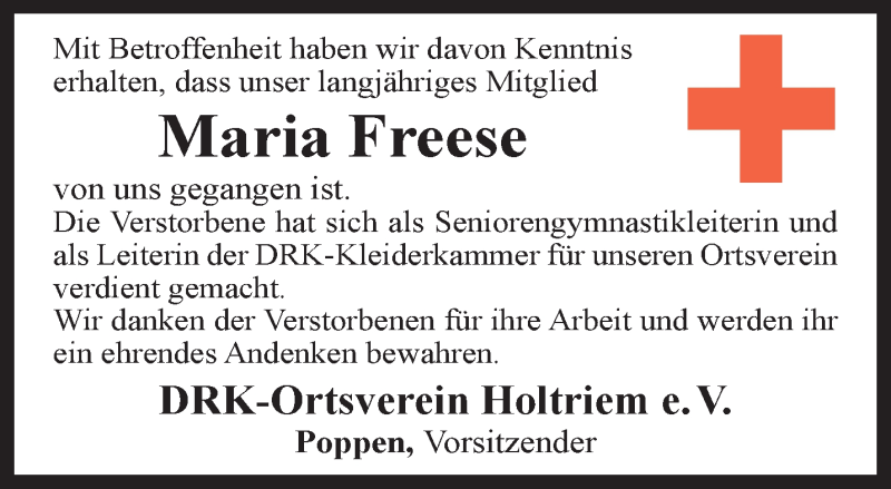 Traueranzeigen Von Maria Freese Nordwest Trauer De