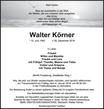 Traueranzeigen Von Walter K Rner Nordwest Trauer De