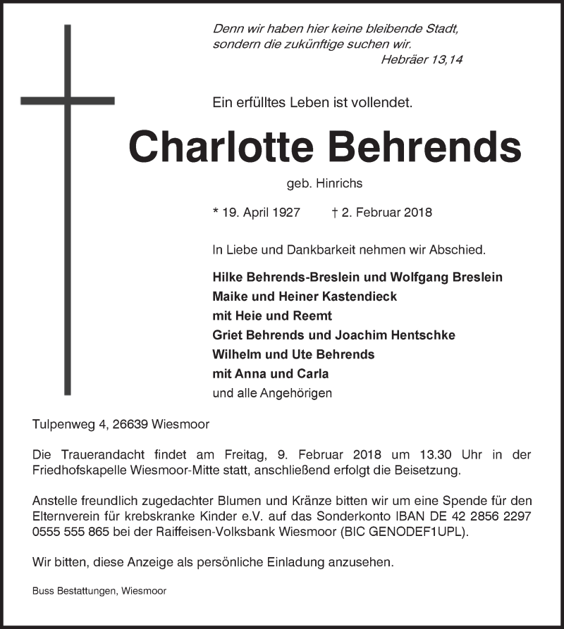 Traueranzeigen Von Charlotte Behrends Nordwest Trauer De