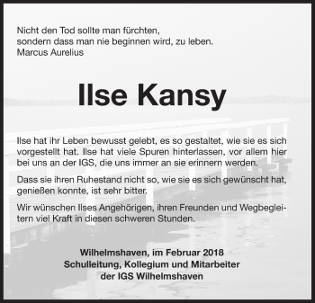 Traueranzeigen Von Ilse Kansy Nordwest Trauer De