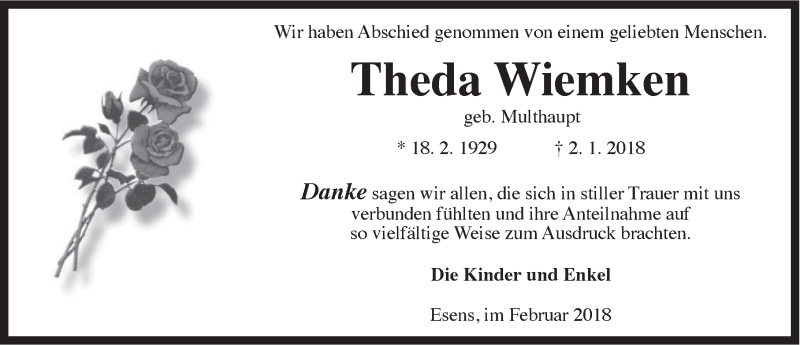 Traueranzeigen Von Theda Wiemken Nordwest Trauer De