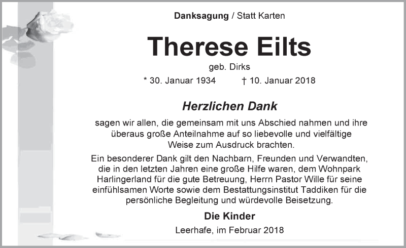 Traueranzeigen Von Therese Eilts Nordwest Trauer De