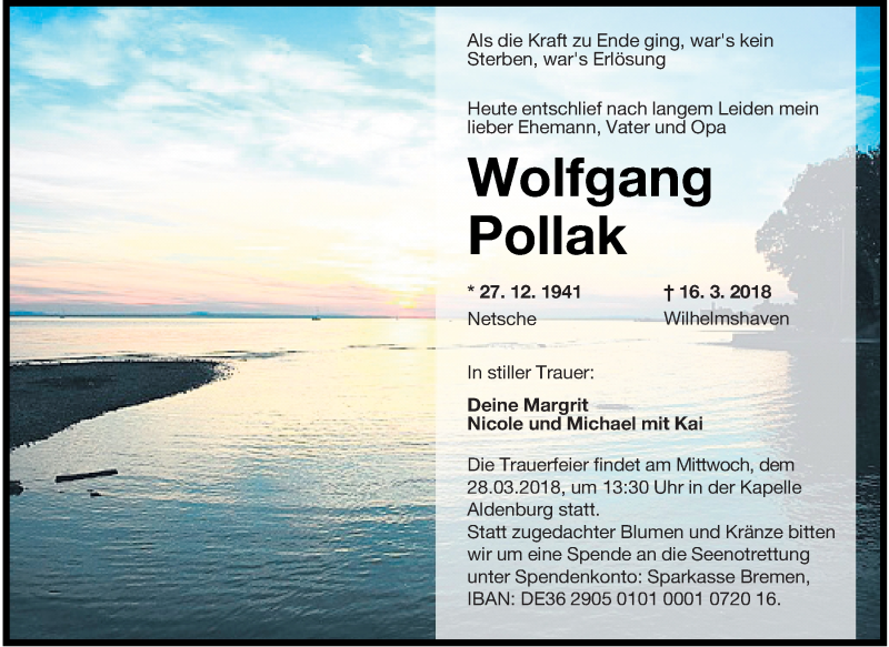 Traueranzeigen Von Wolfgang Pollak Nordwest Trauer De