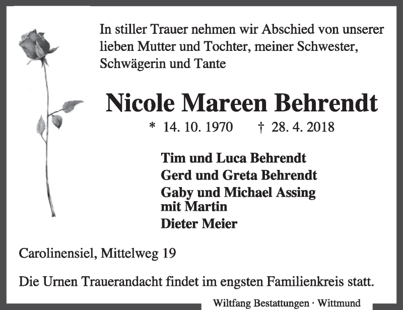 Traueranzeigen Von Nicole Mareen Behrendt Nordwest Trauer De