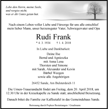 Traueranzeigen Von Rudi Frank Nordwest Trauer De