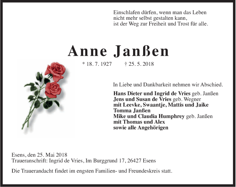 Traueranzeigen von Anne Janßen nordwest trauer de