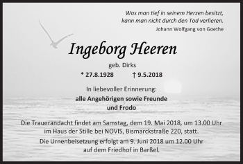 Traueranzeige von Ingeborg Heeren von Wilhelmshavener Zeitung