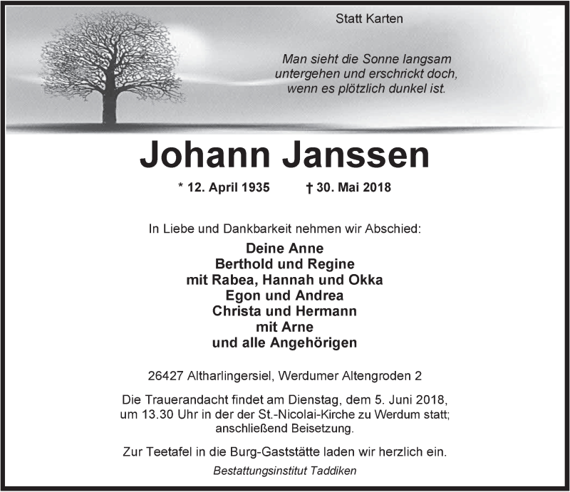 Traueranzeigen Von Johann Janssen Nordwest Trauer De