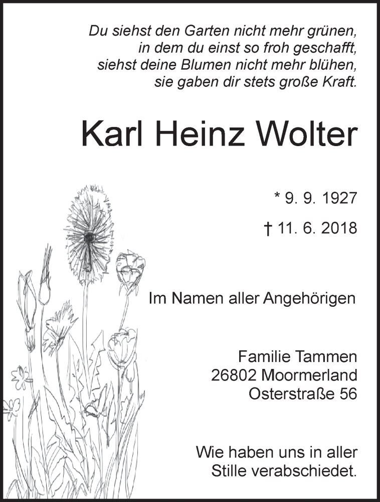 Traueranzeigen Von Karl Heinz Wolter Nordwest Trauer De