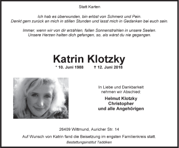 Traueranzeigen Von Katrin Klotzky Nordwest Trauer De