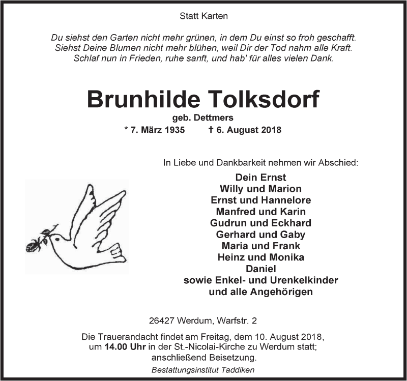 Traueranzeigen Von Brunhilde Tolksdorf Nordwest Trauer De