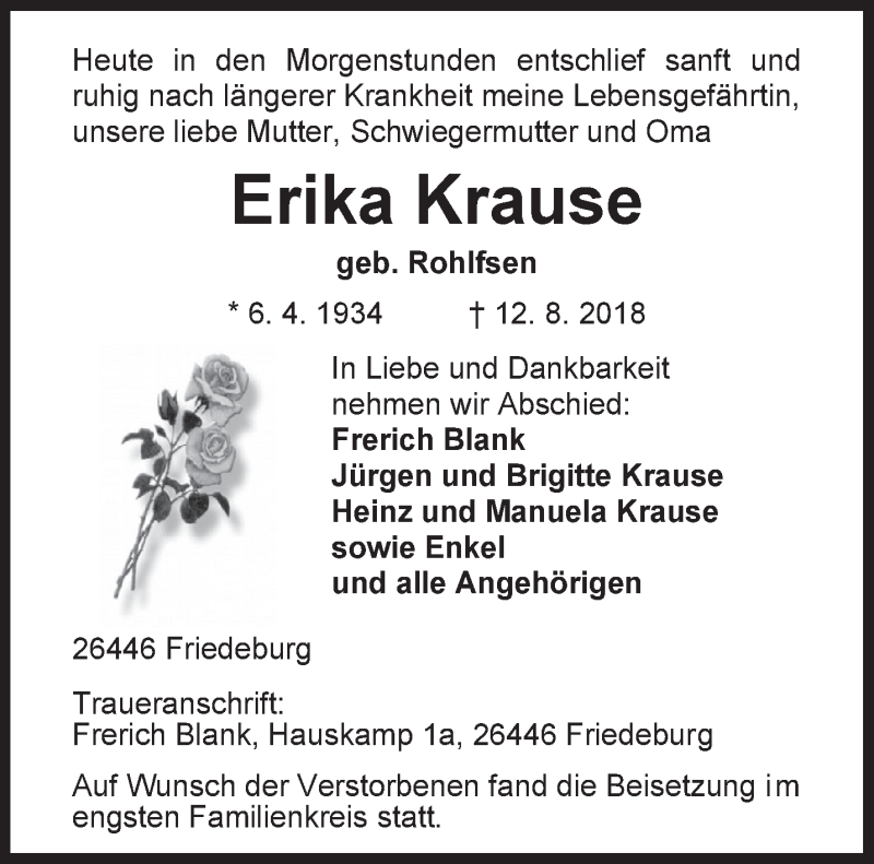 Traueranzeigen Von Erika Krause Nordwest Trauer De